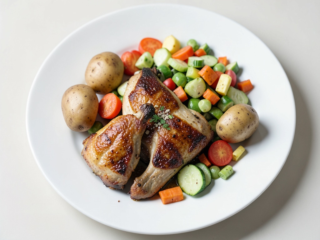 Pollo al forno con limone, insalata di patate, cetrioli e rafano