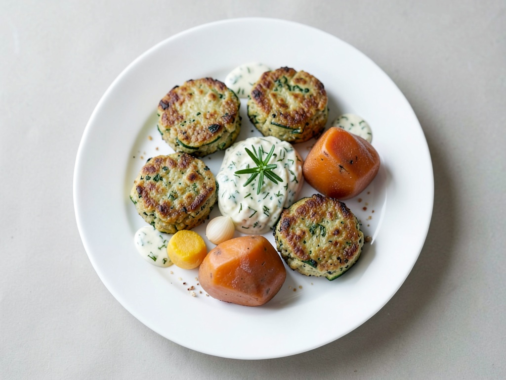 Knusprige Zucchini-Bällchen mit Süßkartoffeln und Kräuter-Dip