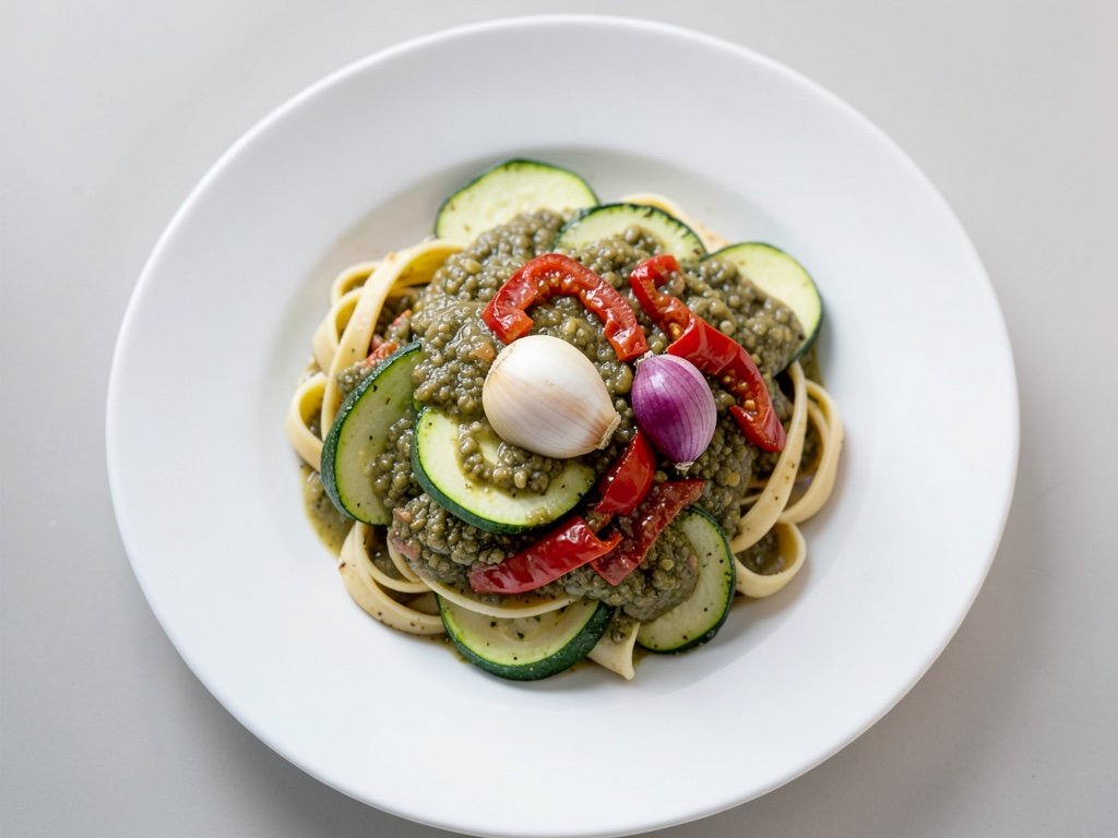 Zucchini-Spaghetti mit hausgemachtem Oliven-Dip