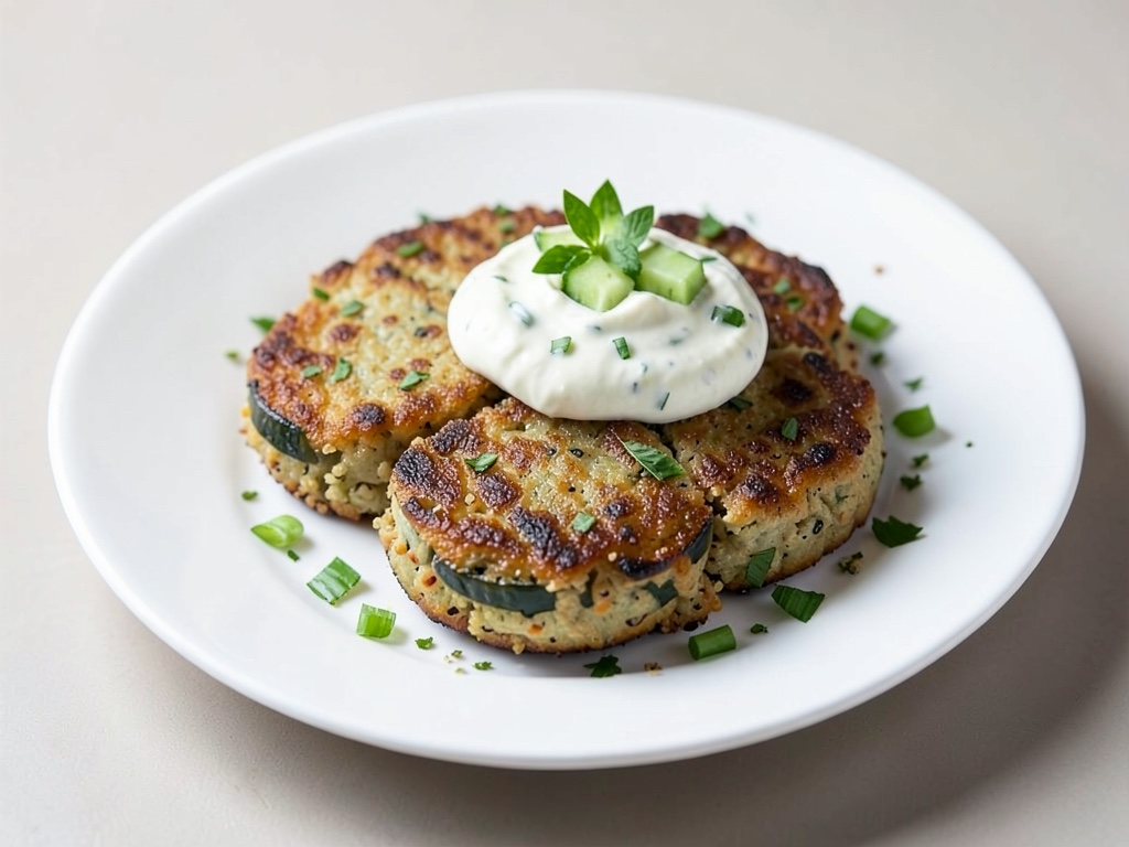 Frittelle croccanti di zucchine e quinoa con salsa rinfrescante di cetrioli e yogurt di soia