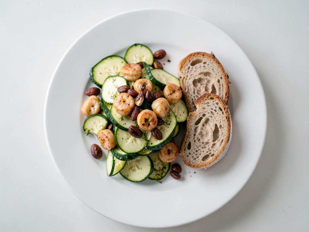Insalata di zucchine con gamberi croccanti e baguette tostato