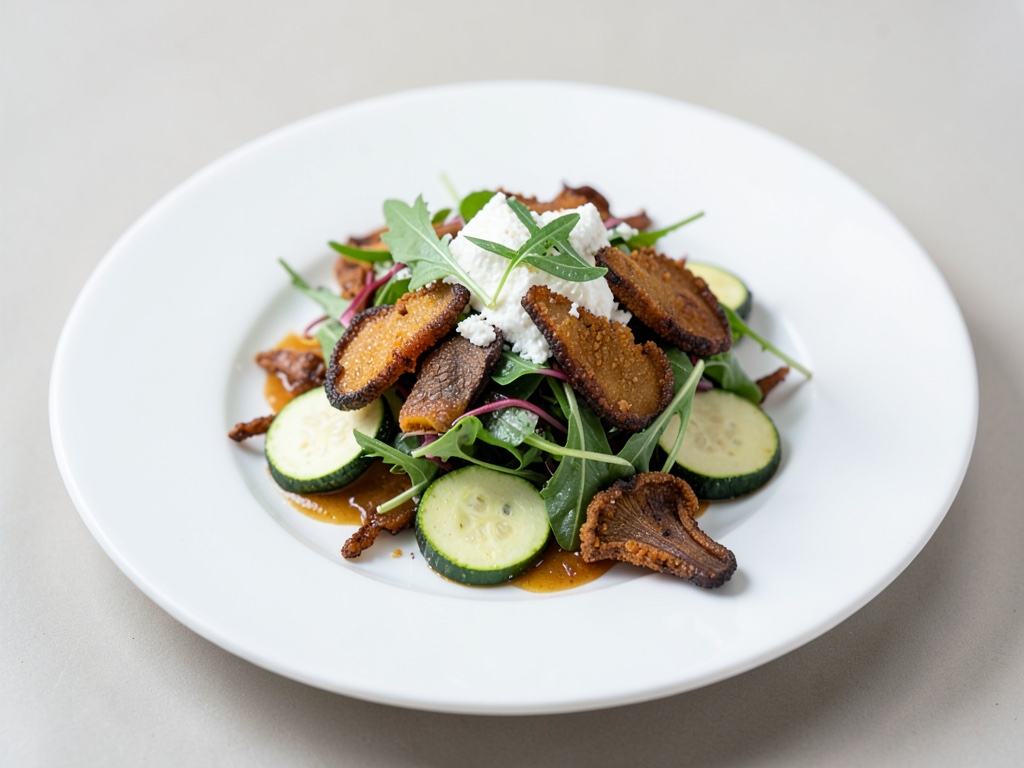 Insalata di zucchine e rucola con funghi chanterelle e feta