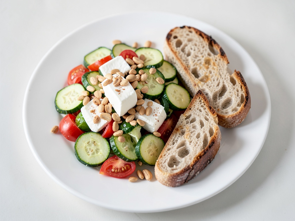 Insalata di zucchine e pomodori con mozzarella e mandole su baguette tostato