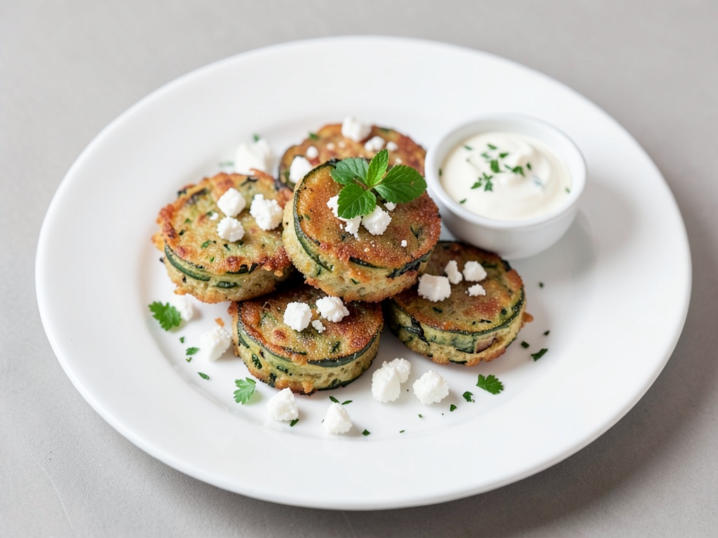 Knusprige Zucchini-Puffer mit Feta und Joghurt-Dip