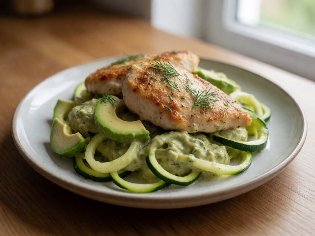 Low-Carb Airfryer Hühnerbrust mit Zucchininudeln und Avocado-Dill-Sauce