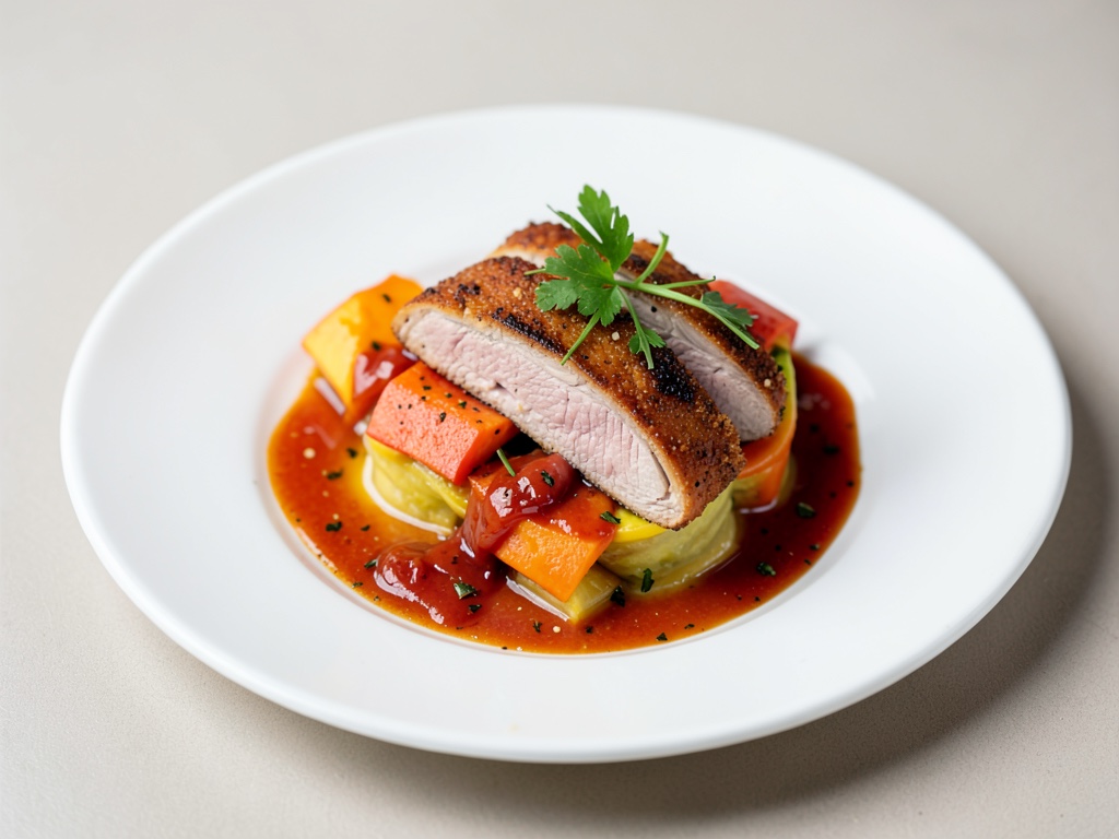 Petto di pollo croccante su carpaccio di papaya e mango con condimento al peperoncino