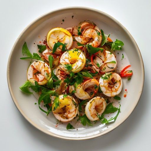 Insalata mediterranea di gamberi con condimento al limone