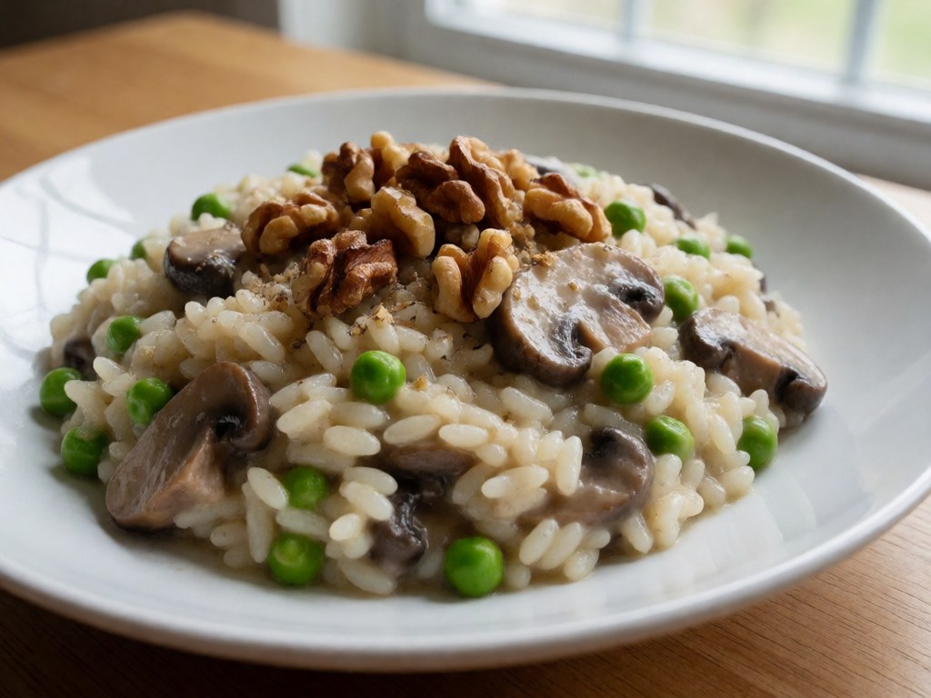 Walnuss-Pilz-Risotto mit Erbsen