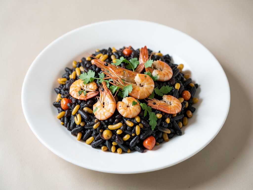 Paella Negra mit Garnelen für die Pfanne