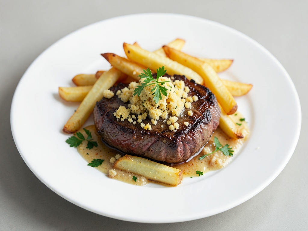 Pariser Steak-Frites mit Knoblauchbutter-Crunch