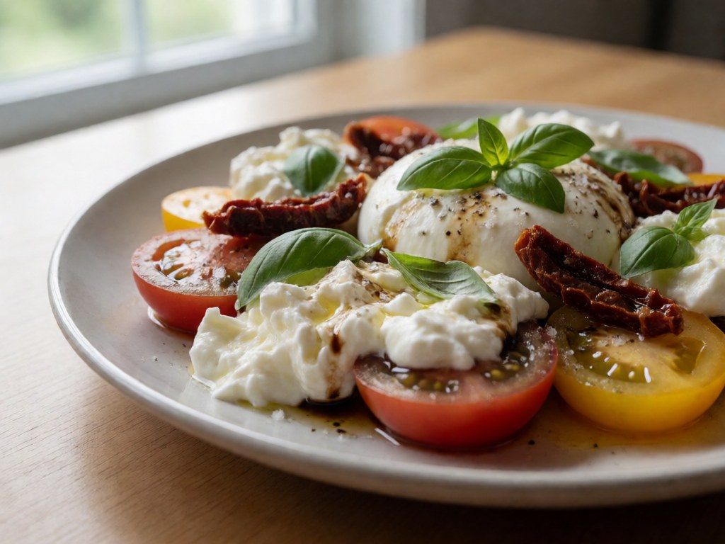 Bunte Tomaten-Burrata-Teller mit getrockneten Tomaten