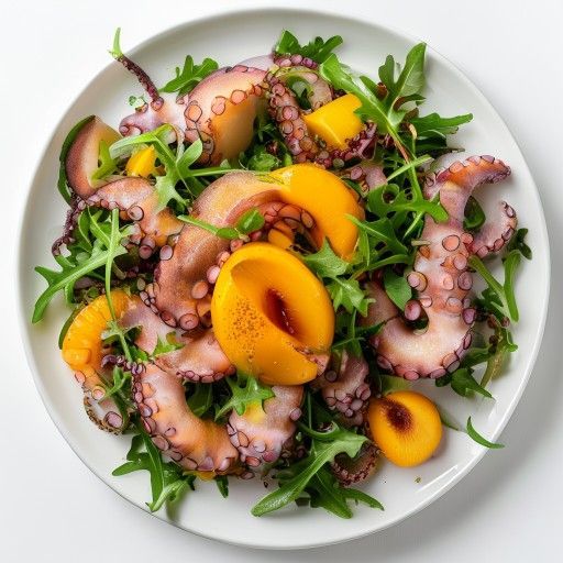 Insalata di polpo con rucola e pesche