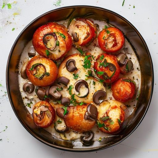 Pomodori dorati al forno di Pyatiles con jus di peperone