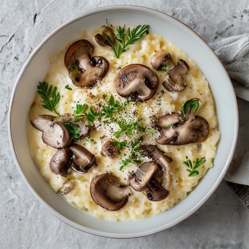 Risotto-Bowl mit gerösteten Champignons und Parmesan