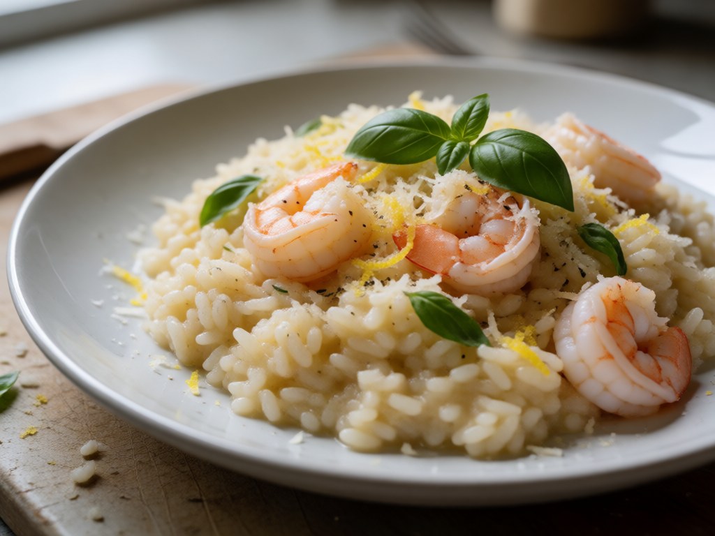 Schnelle Garnelen-Risotto-Bowl mit Zitrone und Basilikum