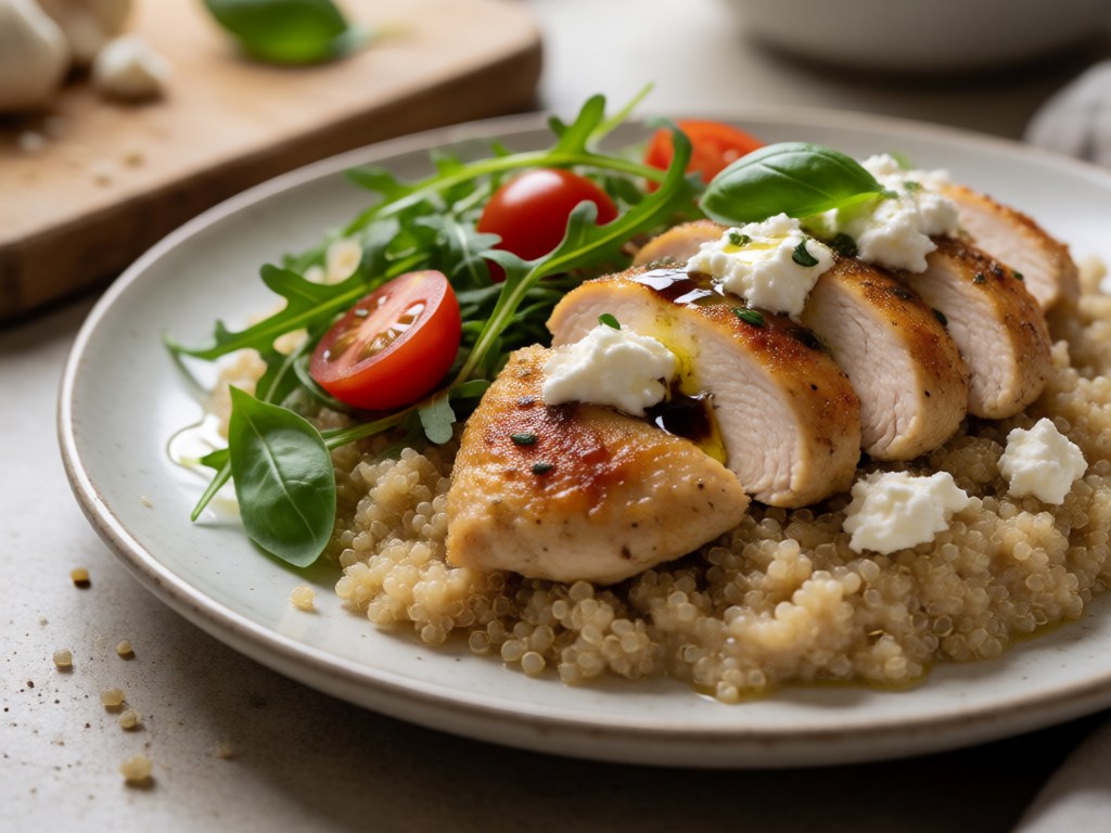 Geröstetes Hähnchen-Basilikum-Bowl mit Quinoa