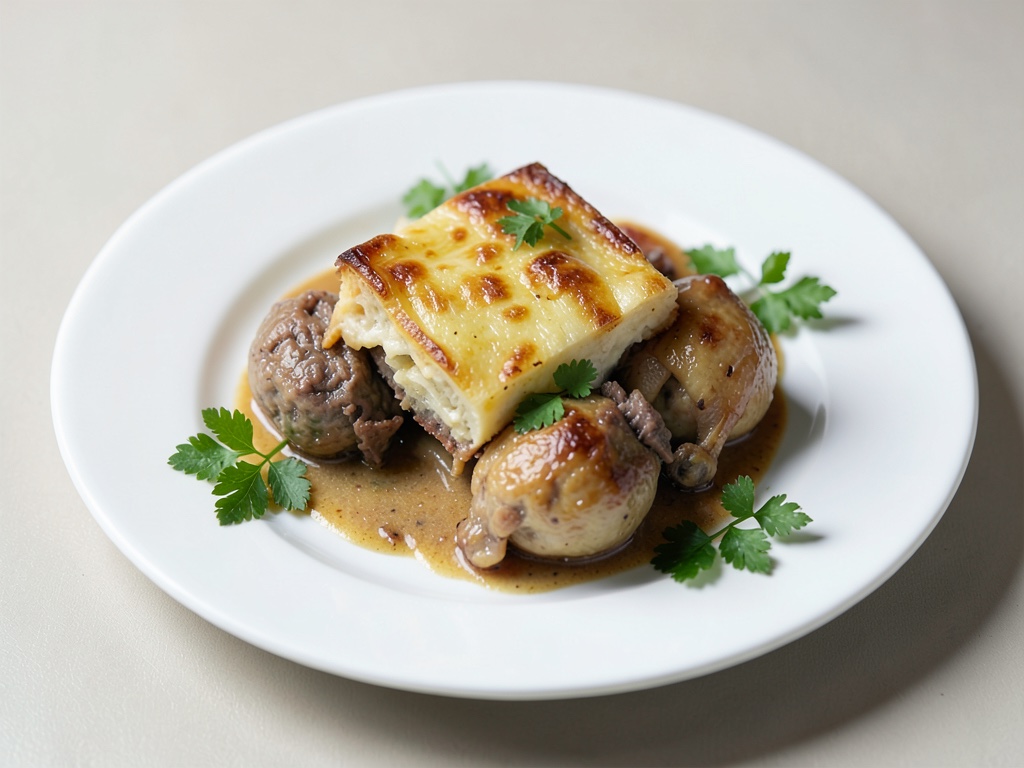 Frischer Kartoffel-Gratin mit Markknödel und Hähnchen