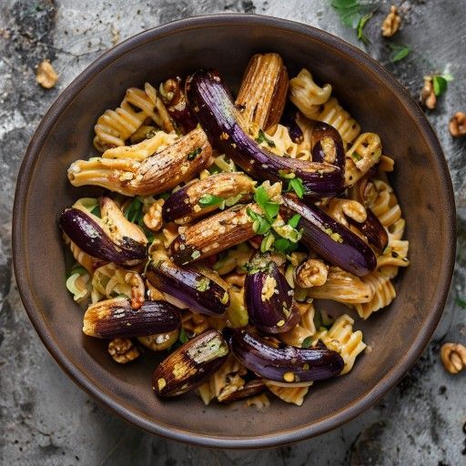 Geröstete Aubergine Rigatoni mit Walnuss