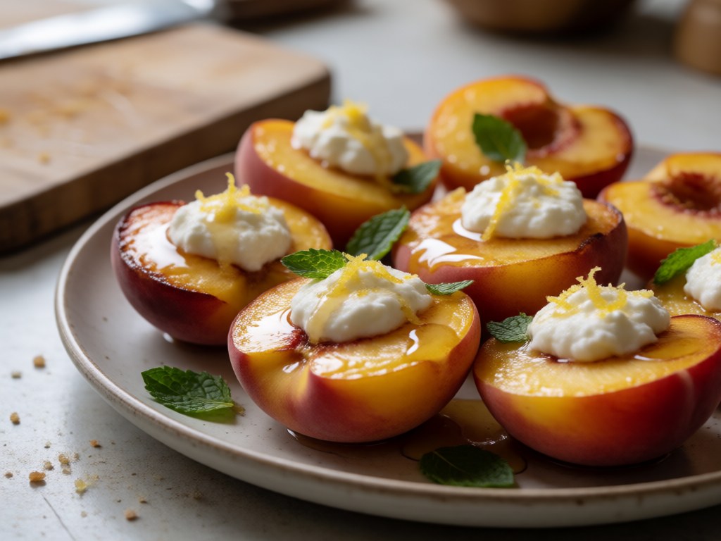 Ofenpfirsiche mit Honig-Mascarpone