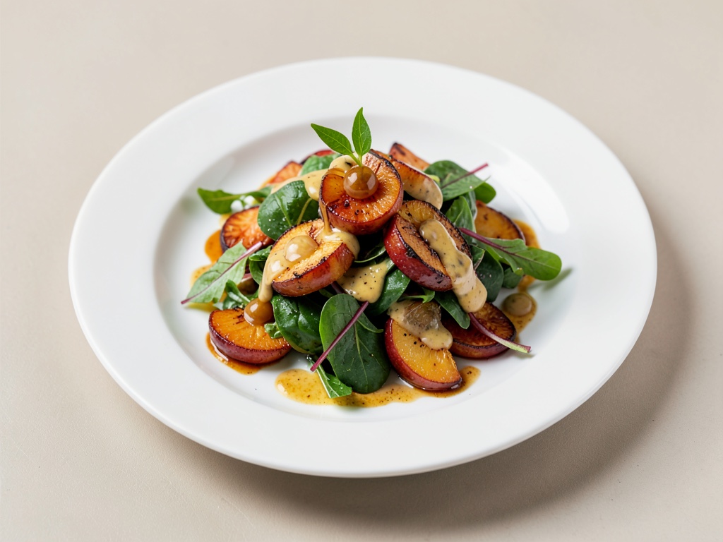 Insalata di pesca e rucola tostata con condimento al miele e senape di mostarda