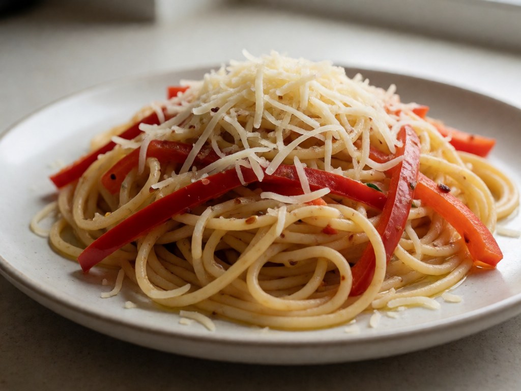 Ofengrill-Paprika Spaghetti mit geräuchertem Caciocavallo Käse