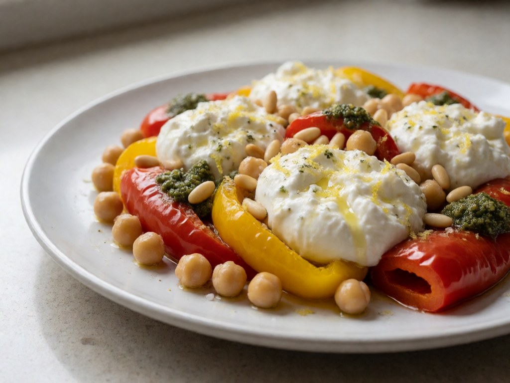 Geröstete Paprika-Burrata-Bowl mit Kichererbsen