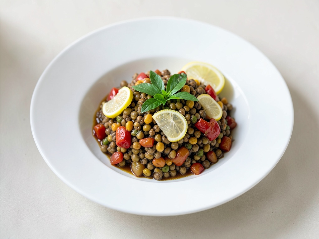Geröstete Paprika-Linsen Bowl mit Zitrone