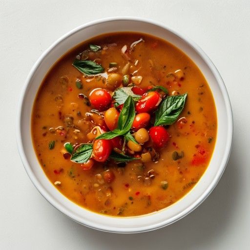Sopa de lentejas rojas con pimientos asados y sabor a chorizo