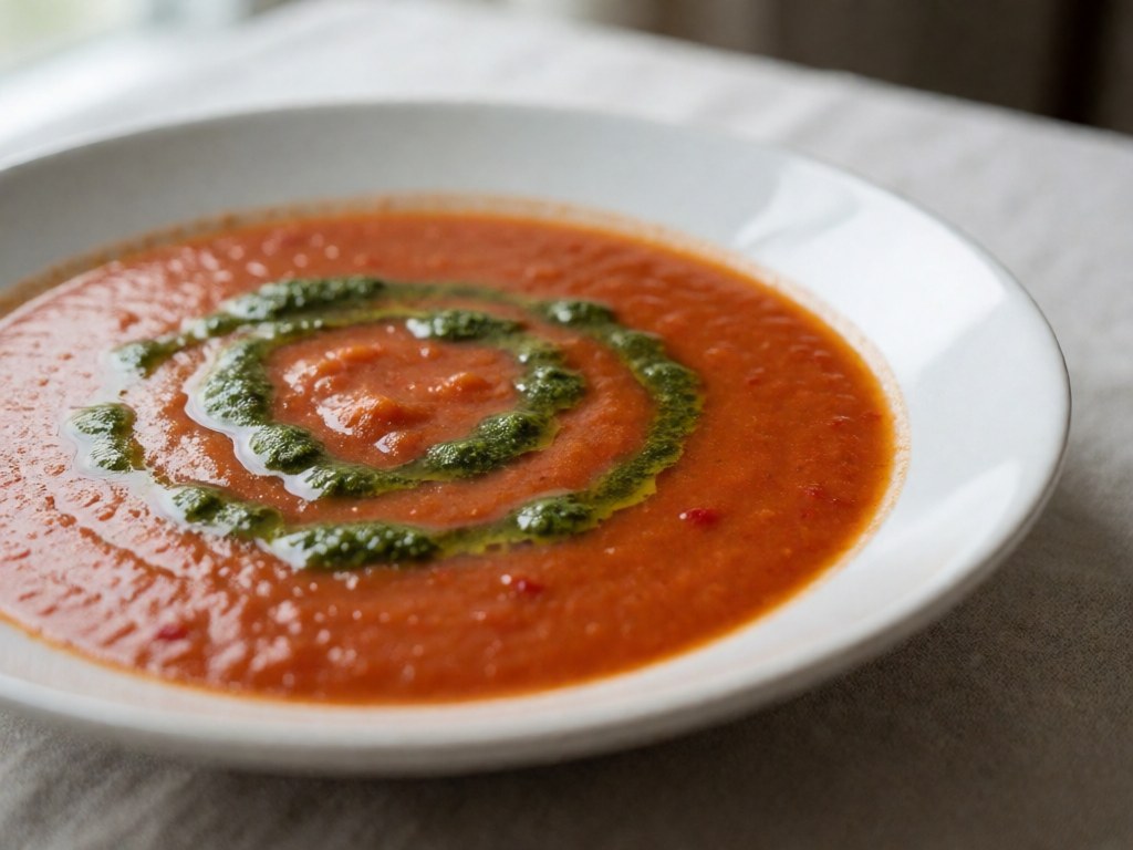 Geröstete Tomaten-Paprika-Suppe mit Basilikumöl