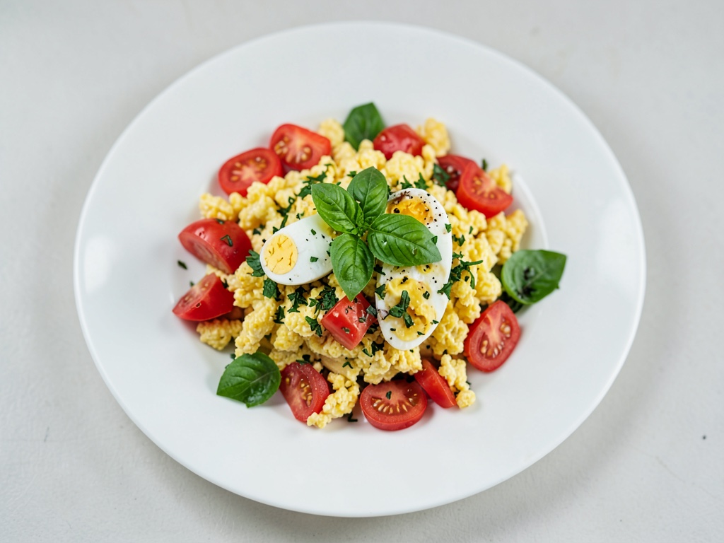 Huevos revueltos con tomates y hierbas