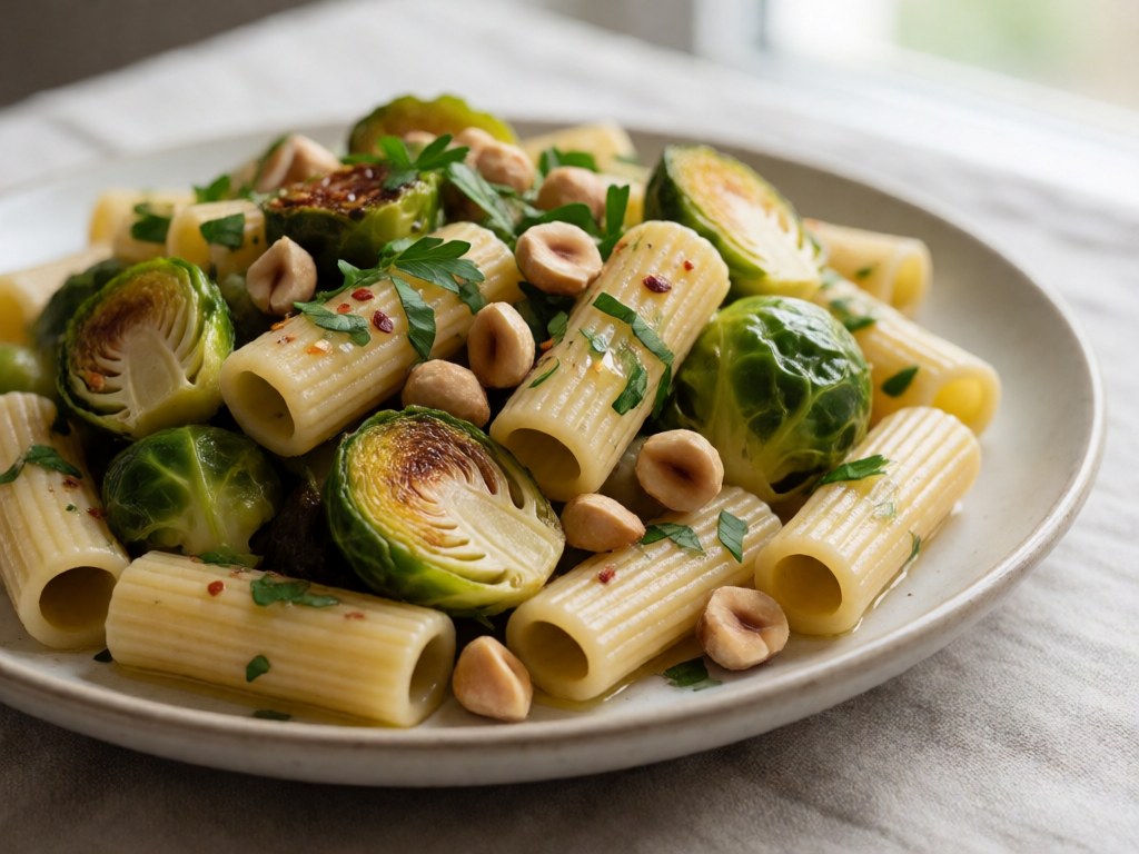 Rustikale Pasta mit Gerösteten Rosenkohl und Haselnüssen