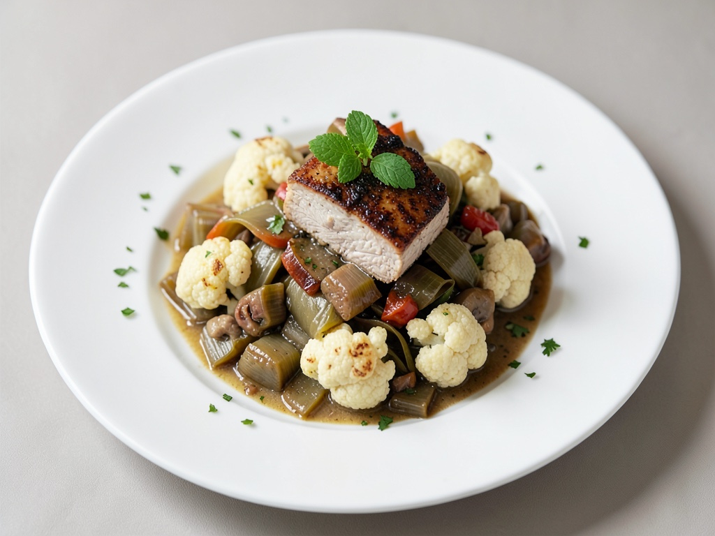 Estofado de coliflor y puerro al estilo campestre con tofu ahumado