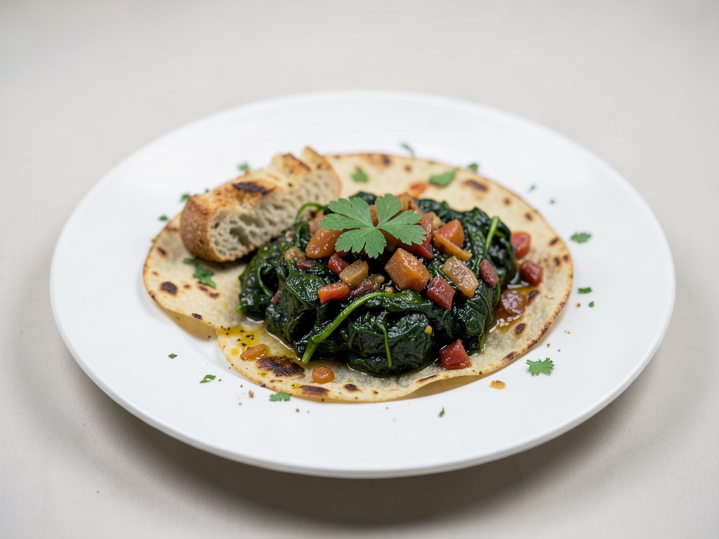Tortilla rústica de espinacas con pan de ajo