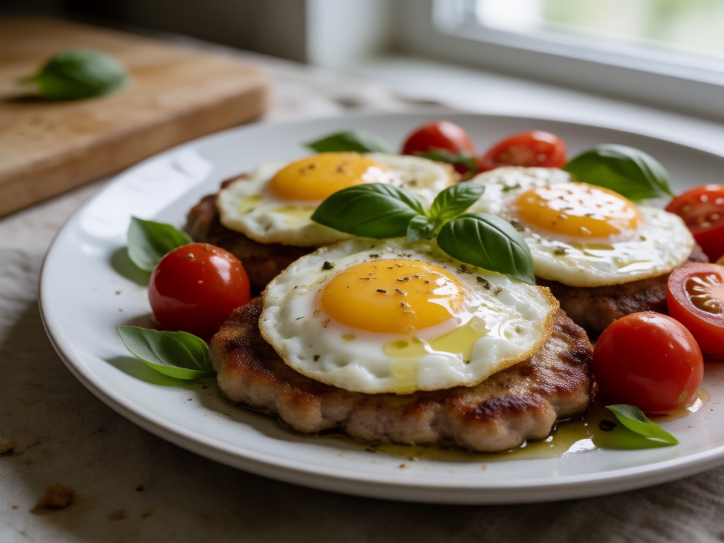 Bratenes Kalbfleisch mit Spiegeleiern und Tomaten