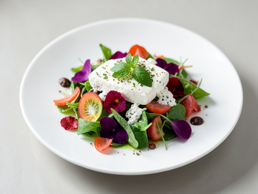 Insalata estiva floreale con crema fresca di formaggio di capra