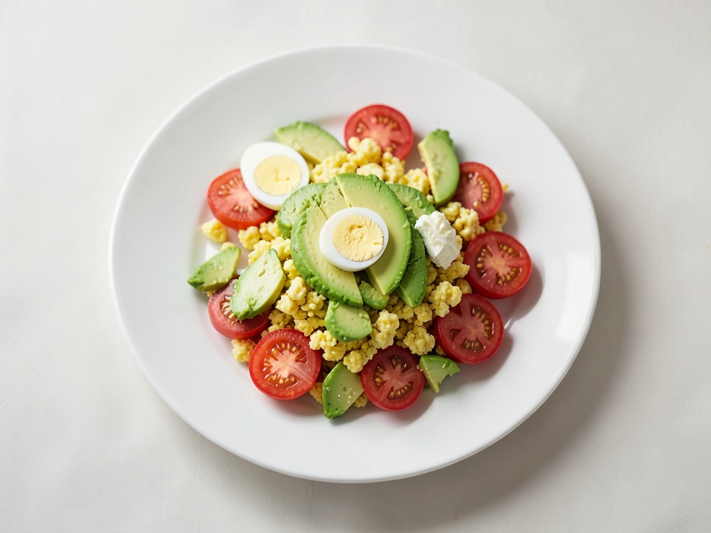Huevos revueltos con aguacate y tomates