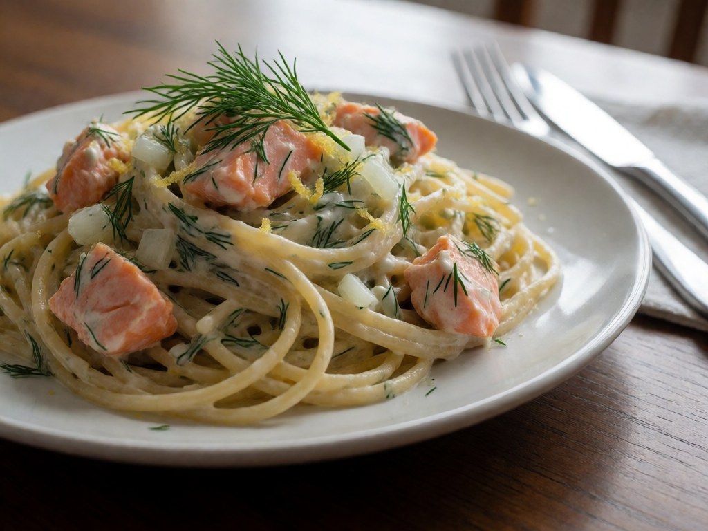 Spaghetti mit Räucherlachs und Dill