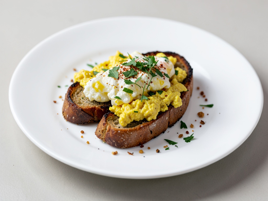 Tostadas de hummus tardío con huevos revueltos