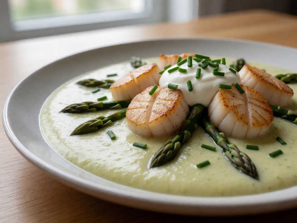 Cremige Spargelcremesuppe mit gegrillten Jakobsmuscheln