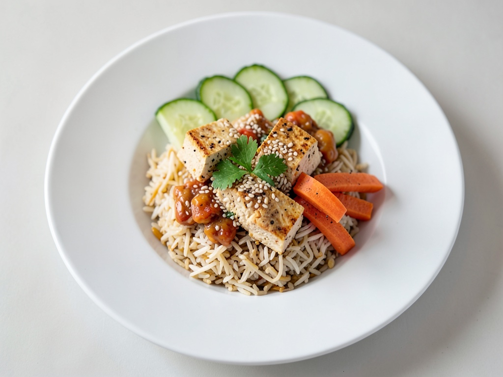 Scharfe Sesam-Tofu Bowl mit Reis