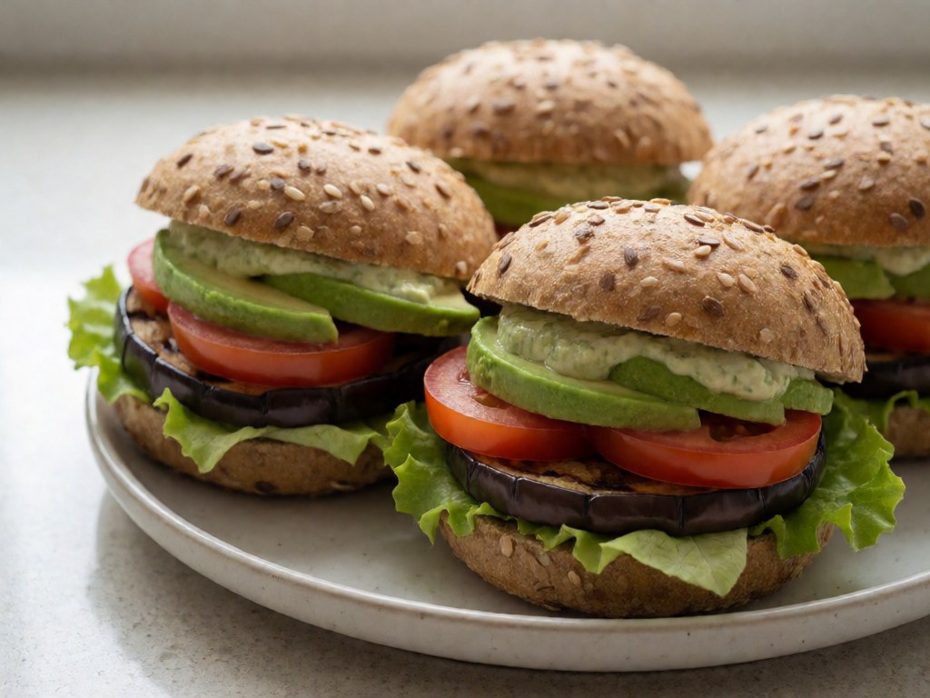 Tomaten-Auberginen-Avocado-Burger