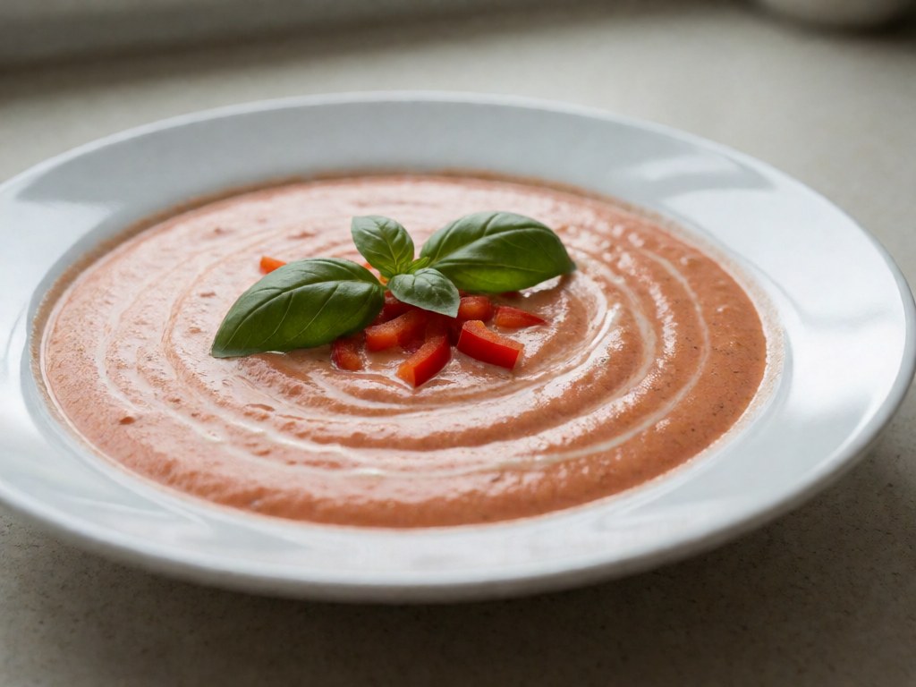 Cremige Tomaten-Nudel-Suppe mit frischem Basilikum