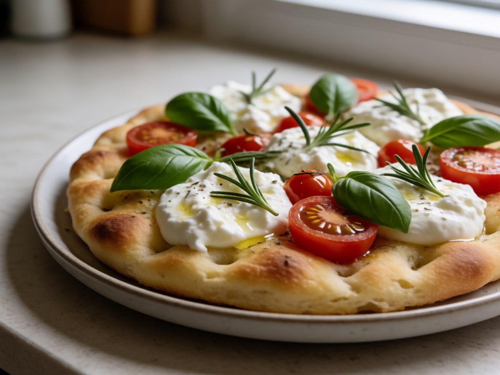 Tomaten-Basilikum-Focaccia mit Burrata