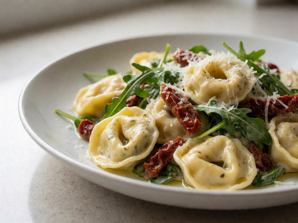 Cremige Tortellini-Basilikum-Bowl mit Sonnentomaten