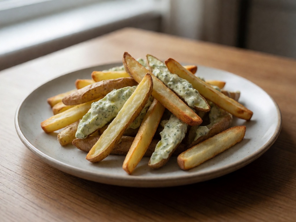 Vegane Airfryer-Kartoffel-Pommes mit Kräuter-Dip