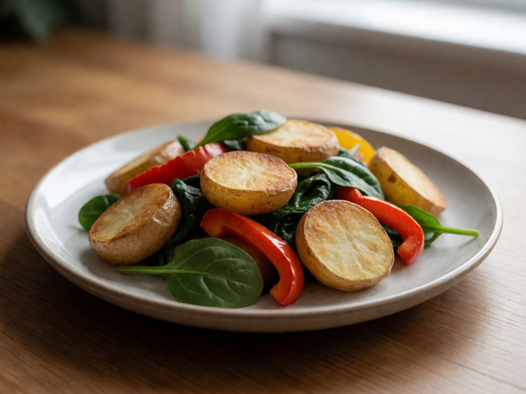 Vegane Airfryer-Kartoffel-Pfanne mit Paprika und Spinat