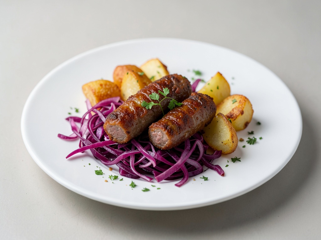 Salsiccia croccante con cavolo rosso e patate fritte in friggitrice ad aria